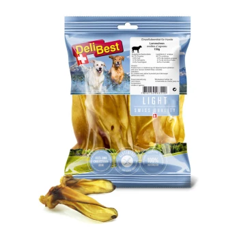 Light Lammohren 150g Hundeleckerlis in einer klaren Verpackung mit der Aufschrift 'DeliBest', mit Lammohren, mit Text, der 'Leicht', 'Schweizer Qualität' und 'Glutenfrei' hervorhebt.