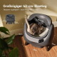 Graue CATLINK abgedeckte Katzentoilette mit Katze, beschriftete Maße (43 cm, 59 cm, 58 cm) und sichtbarer Text 'Großzügiger 43‑cm‑Einstieg'.