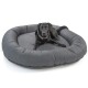 Ein schwarzer Hund, der auf einem runden, plüschigen grauen Hundebett mit dickem gepolstertem Rand entspannt und Komfort und Stil zeigt.