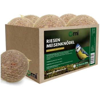 Orni Riesen Meisenknödel Vogelfutterbälle mit Insekten und Früchten, 12 Stück, je 500 g, mit Blaumeisenabbildung.
