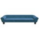 Blaues Haustiersofa mit glattem Stoff, abgerundeten Armen und Knopfdetails, entworfen für den Komfort und Stil von Haustieren.