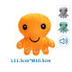Oranges Plüsch-Oktopus-Spielzeug mit lächelndem Gesicht, 11,5 cm mal 10,5 cm, auch in Grau und Türkis gezeigt.