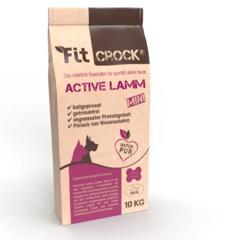 Braune Papiertüte mit Fit Crock Active Lammm-Hundefutter, beschriftet mit "MINI", 10 KG, mit Angaben zu getreidefrei und kaltgepresst.