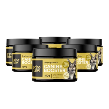 Sechs Gläser "Petsy Labs Canine Booster", ein 150g Hundesuperfood-Pulver, gekennzeichnet als 100 % natürlich mit 26 Zutaten.