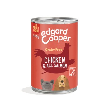 Red Edgard Cooper dog food can — Grain-Free Chicken & ASC Salmon 400g, "For Adult Dogs", illustrated dog faces