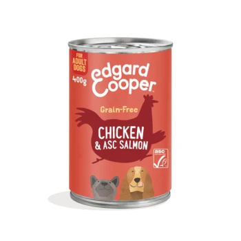 Red Edgard Cooper dog food can — Grain-Free Chicken & ASC Salmon 400g, "For Adult Dogs", illustrated dog faces