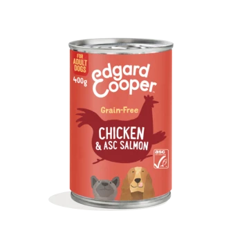 Red Edgard Cooper dog food can — Grain-Free Chicken & ASC Salmon 400g, "For Adult Dogs", illustrated dog faces