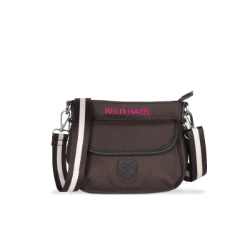 Braune Haustiertragetasche mit einem rosa 'WILD HAZEL'-Logo und einem gestreiften verstellbaren Tragegurt.