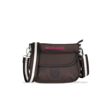Braune Haustiertragetasche mit einem rosa 'WILD HAZEL'-Logo und einem gestreiften verstellbaren Tragegurt.