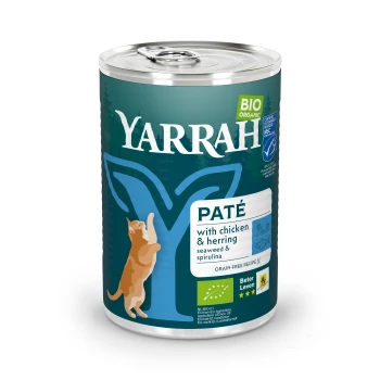 Adult Biologische Paté 12 x 400g Vis Yarrah biologische kattenvoerblik met paté van kip en haring, zeewier en spirulina; graanvrij recept; milieuvriendelijke verpakking.