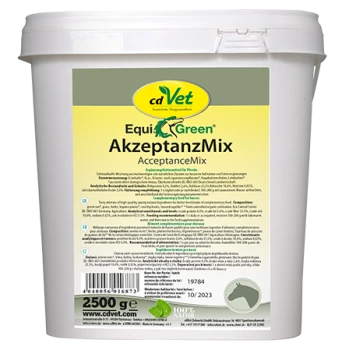 Weiße 2,5-kg-Plastikdose cdVet EquiGreen AkzeptanzMix mit gelb-grünem Etikett und Schriftzug '2500 g'