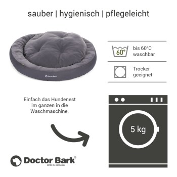 Graues Hundebett mit der Aufschrift "Doctor Bark", das Informationen zu Waschhinweisen (bis zu 60°C) und Trocknereignung sowie ein Symbol für eine Kapazität von 5 kg enthält.