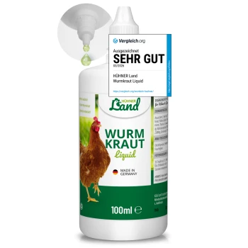 Flüssige Wurmbehandlung für Hühner in einer 110ml Flasche, mit der Aufschrift "Wurm Kraut," hergestellt in Deutschland, mit einer Hühnergrafik.