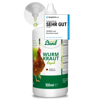 Flüssige Wurmbehandlung für Hühner in einer 110ml Flasche, mit der Aufschrift "Wurm Kraut," hergestellt in Deutschland, mit einer Hühnergrafik.