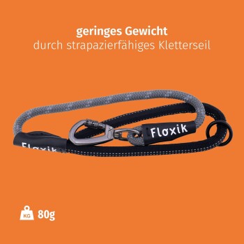Hundeleine aus strapazierfähigem Kletterseil, mit der Bezeichnung "Floxik", mit einem leichten Design (80g) auf einem orangefarbenen Hintergrund.