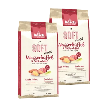 Zwei Säcke Bosch Soft Maxi Hundefutter, mit Wasserbüffel und Süßkartoffel, als getreidefrei und mit einer Proteinquelle gekennzeichnet, jeweils 12,5 kg.