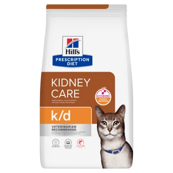 Sac de nourriture pour chats Hill's Prescription Diet k/d Kidney Care, photo de chat, mention 'Veterinarian Recommended' et logo ActivBiome+.