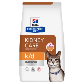Hill's Prescription Diet k/d Kidney Care Katzenfutterbeutel mit Katzenfoto, 'Vom Tierarzt empfohlen' und ActivBiome+-Logo