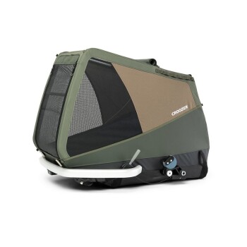 Eine grün-braune Haustiertrage mit Netzpaneelen, die den Markennamen "CROOZER" an der Seite trägt, entworfen für den Transport von Haustieren.