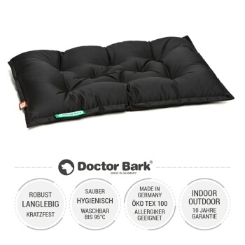 Schwarzes Haustierkissen von Doctor Bark, mit gestepptem Design, mit Text, der Haltbarkeit, Hygiene und Waschbarkeit bis zu 95°C hervorhebt.