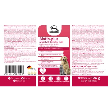 Biotin-plus MSM & B-Komplex Tabs für Haustiere, mit einem Golden Retriever und einer Katze. Unterstützt gesunde Haut und Fell. 100g, hergestellt in Deutschland.