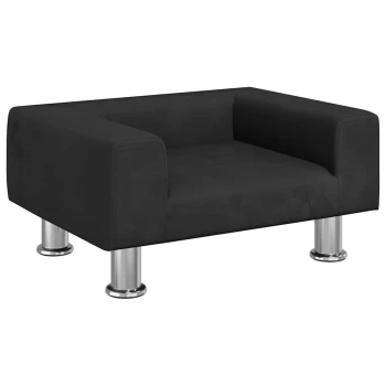 Schwarzes modernes Haustiersofa mit erhöhten silbernen Metallbeinen, entworfen für kleine bis mittelgroße Haustiere.