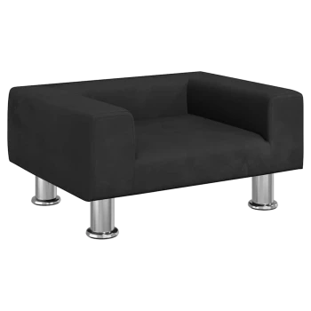Schwarzes modernes Haustiersofa mit erhöhten silbernen Metallbeinen, entworfen für kleine bis mittelgroße Haustiere.