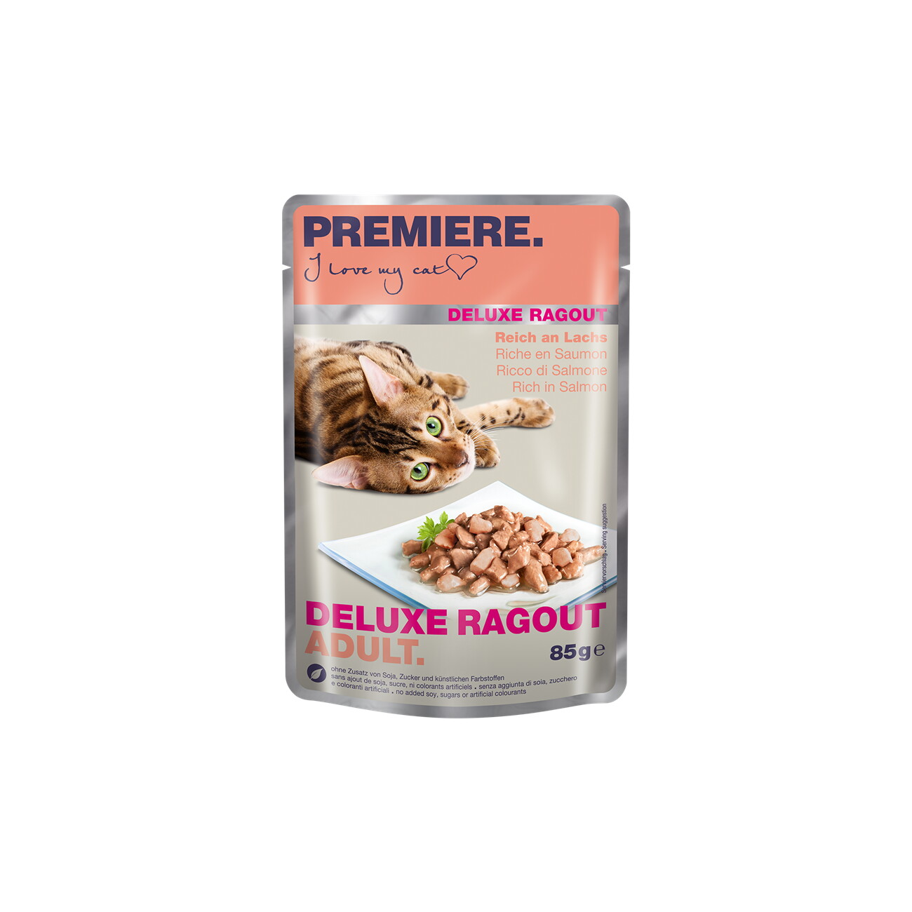 PREMIERE Deluxe Ragout Nassfutter Katze Adult Reich an Lachs 22x85 g