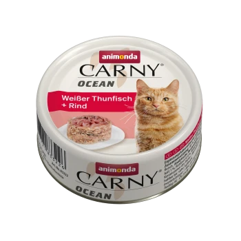 Dosenkatzenfutter mit der Aufschrift "Animonda Carny Ocean" mit weißem Thunfisch und Rindfleisch, mit einem Foto des Futters auf einem Teller.