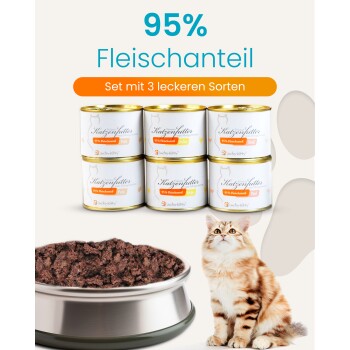 Sechs Katzenfutterdosen mit Aufdrucken '95% Fleischanteil' und 'Set mit 3 leckeren Sorten', Nassfutternapf und orange getigerte Katze.