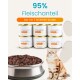Sechs Katzenfutterdosen mit Aufdrucken '95% Fleischanteil' und 'Set mit 3 leckeren Sorten', Nassfutternapf und orange getigerte Katze.