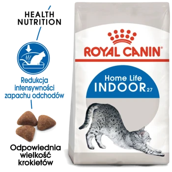 Torba z karmą Royal Canin Home Life Indoor dla kotów z ilustracją rozciągającego się kota, z tekstem o zdrowym odżywianiu i redukcji zapachów.