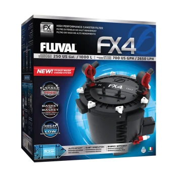 FX4 Filtre extérieur Boîte de filtre à cartouche Fluval FX4 avec "NOUVEAU ! Système de changement d'eau FX Easy," spécifications : 250 US Gal, 700 US GPH, filtration en 5 étapes.