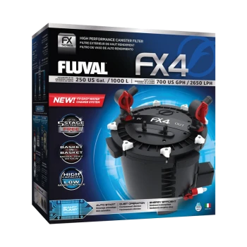 Fluval FX4 filterbox met "NEW! FX Easy Water Change System," specificaties: 250 US Gal, 700 US GPH, 5-fase filtratie.