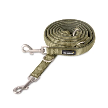 Eine gerollte olivgrüne Hundeleine mit Metallclips und einem schwarzen Etikett mit der Aufschrift "RUDELKÖNIG".