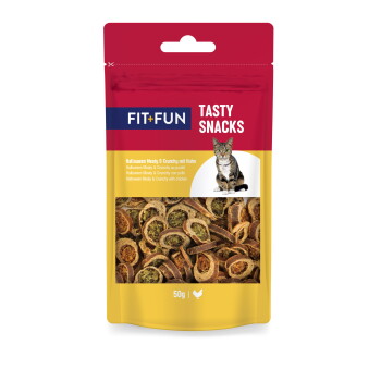 Saszetka FIT+FUN TASTY SNACKS z przysmakami dla kota, zdjęcie kota, przezroczyste okienko z chrupiącymi okrągłymi przysmakami, widoczne '50g' i ikona kurczaka.
