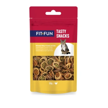 Saszetka FIT+FUN TASTY SNACKS z przysmakami dla kota, zdjęcie kota, przezroczyste okienko z chrupiącymi okrągłymi przysmakami, widoczne '50g' i ikona kurczaka.