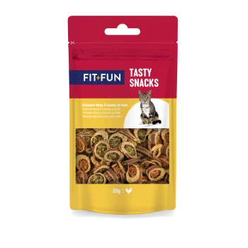 Saszetka FIT+FUN TASTY SNACKS z przysmakami dla kota, zdjęcie kota, przezroczyste okienko z chrupiącymi okrągłymi przysmakami, widoczne '50g' i ikona kurczaka.