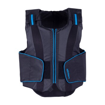 Schwarze Haustierweste mit blauen Akzenten und Reißverschluss, mit verstellbaren Seitenklappen, beschriftet '4Riders'.