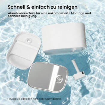 Teile eines weißen Trinkbrunnens in Wasser auseinandergebaut, mit deutschem Text: 'Schnell & einfach zu reinigen'.