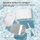 Teile eines weißen Trinkbrunnens in Wasser auseinandergebaut, mit deutschem Text: 'Schnell & einfach zu reinigen'.