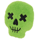 Green plush skull-shaped pet toy with black stitched X eyes, nose, and mouth details.