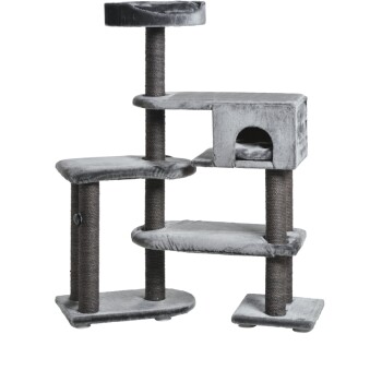 Arbre à chat gris à plusieurs niveaux avec perchoirs en peluche, niche fermée et poteaux à griffer enroulés de sisal.