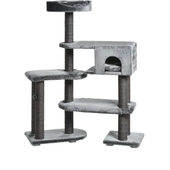 Arbre à chat gris à plusieurs niveaux avec perchoirs en peluche, niche fermée et poteaux à griffer enroulés de sisal.