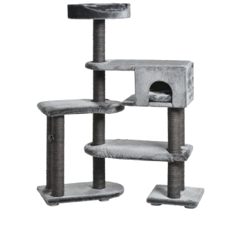Arbre à chat gris à plusieurs niveaux avec perchoirs en peluche, niche fermée et poteaux à griffer enroulés de sisal.