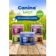 Canina SHOT: fünf farbenfrohe Shot-Boxen für Haustiere (Move, Relax, Power, Detox, Senior) auf einem Tisch, mit 'NEU' und 'IN 5 LECKEREN SORTEN'