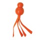 Bright orange pet toy shaped like a round ball with tassels, designed for playful interaction.