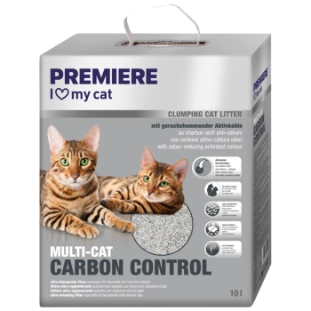 Premiere 'I ♥ my cat' Multi-Cat Carbon Control 10L klumpende Katzentoilette mit zwei getigerten Katzen und Aufschrift 'geruchsreduzierende Kohle'.