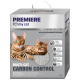 Premiere 'I ♥ my cat' Multi-Cat Carbon Control 10L klumpende Katzentoilette mit zwei getigerten Katzen und Aufschrift 'geruchsreduzierende Kohle'.