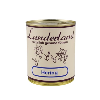 Eine Dose 'Lunderland' Haustierfutter, Geschmacksrichtung 'Hering', mit Cartoon-Hund- und Katzenillustrationen und dem Untertitel 'natürlich gesund füttern.'
